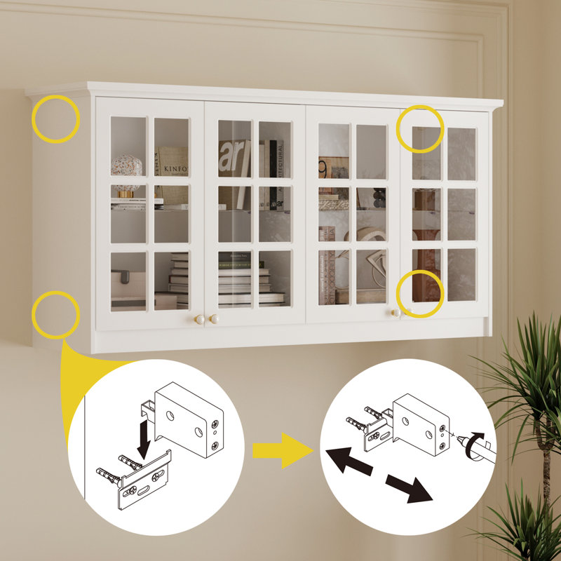 Winston Porter 63 W Symmetrical White Sideboard Wall Mount Option Available With Glass Doors And Glass Shelves Wayfair